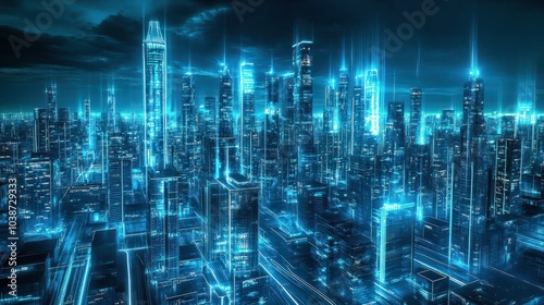 Wallpaper Mural Futuristic cityscape at night with glowing neon lights and digital beams. Torontodigital.ca