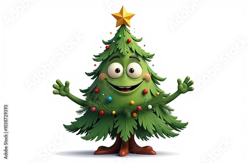 Funny character, Christmas tree with eyes and hands, garland , on white background 