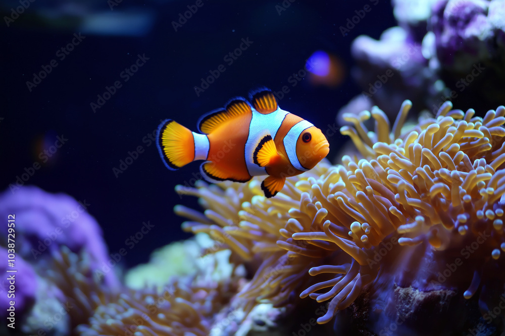 Colorful clownfish swimming in and out of anemones on a lively coral reef. Colorful clownfish swimming in and out of anemones on a lively coral reef.