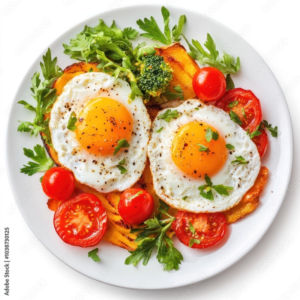 A vibrant plate of fried eggs with vegetables, showcasing a healthy breakfast option. A vibrant plate of fried eggs with vegetables, showcasing a healthy breakfast option.