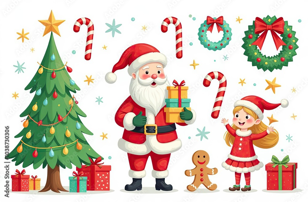 Xmas items set. Christmas tree, Santa with gifts, elves. Festive wreath, candy canes, gingerbreads. New year decorations. Winter holiday decor. Flat isolated vector illustration on white background Xmas items set. Christmas tree, Santa with gifts, elves. Festive wreath, candy canes, gingerbreads. New year decorations. Winter holiday decor. Flat isolated vector illustration on white background