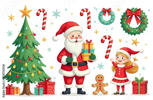 Xmas items set. Christmas tree, Santa with gifts, elves. Festive wreath, candy canes, gingerbreads. New year decorations. Winter holiday decor. Flat isolated vector illustration on white background 