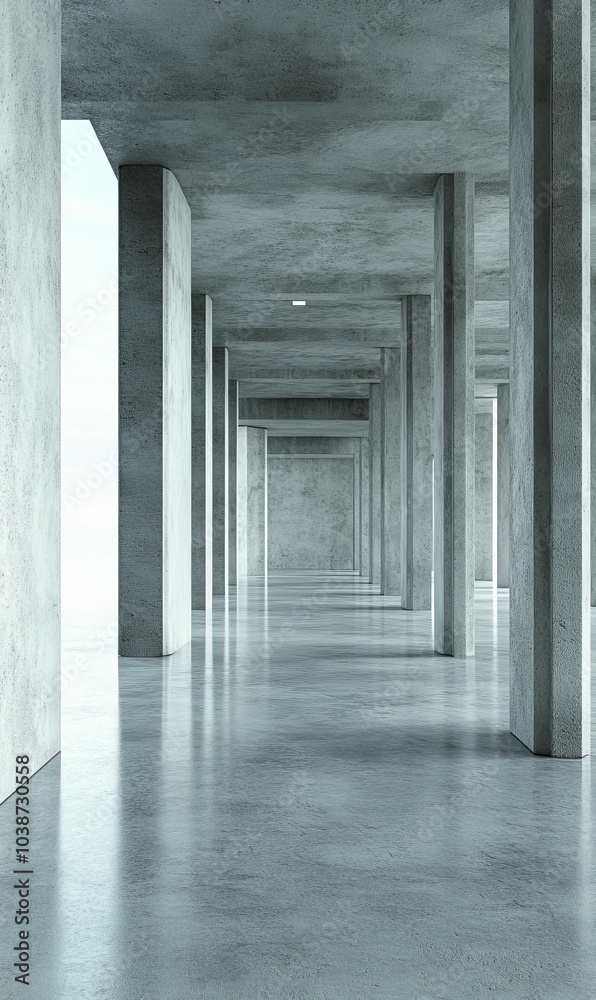 Fototapeta premium Concrete pillars and ceiling with reflective floor.