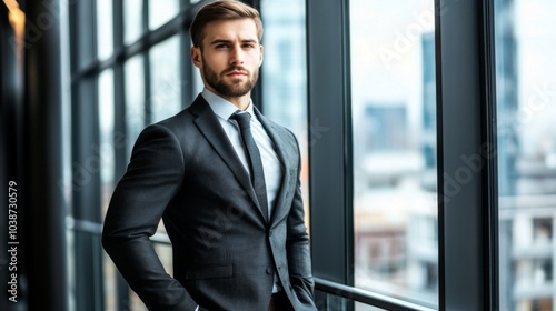 Professional Man in Suit by Window with City View