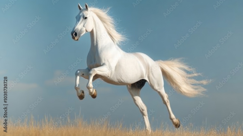 A majestic white horse galloping gracefully across a golden field under a clear blue sky.