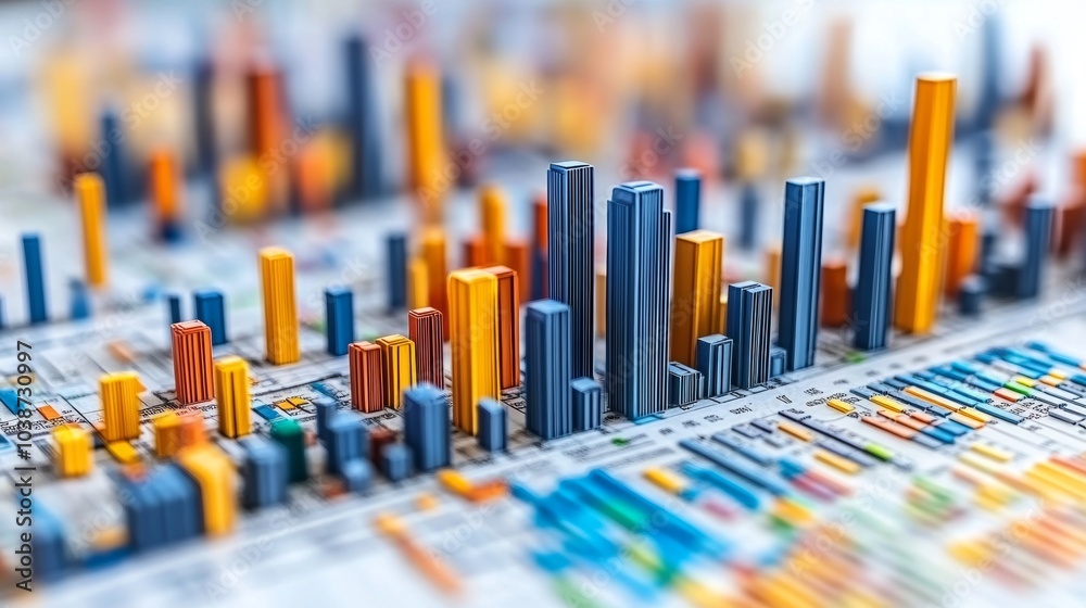 Colorful 3D Bar Chart with Cityscape Visual Concept Colorful 3D Bar Chart with Cityscape Visual Concept