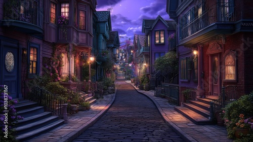 Romantic Evening Stroll Through Cobblestone Street with Colorful Houses and Lights