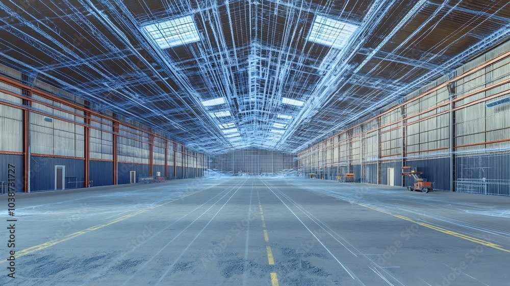 Warehouse Interior Scan with Blue Lines Warehouse Interior Scan with Blue Lines