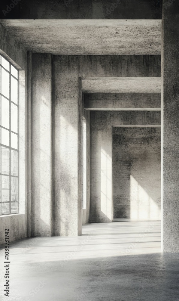 Fototapeta premium Empty, industrial, concrete room with sunlight.