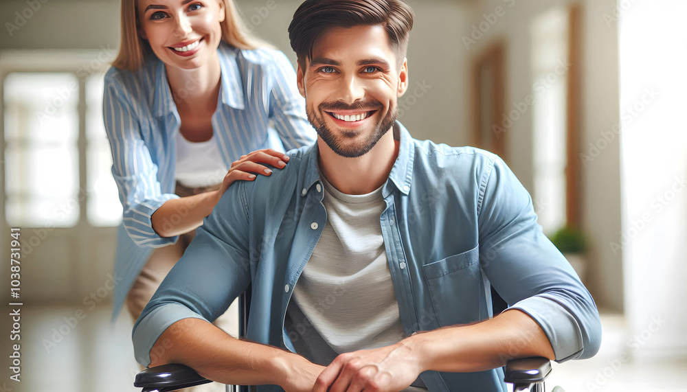 a man and a woman. The man is sitting in a wheelchair and smiling. The ...
