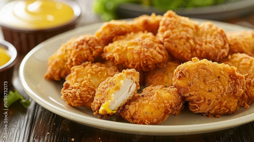 Crispy golden chicken nuggets on a white plate, perfect for a delicious snack or meal. Crispy golden chicken nuggets on a white plate, perfect for a delicious snack or meal.