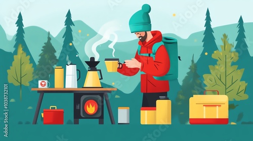 Man brewing coffee outdoors in nature with a camping setup.