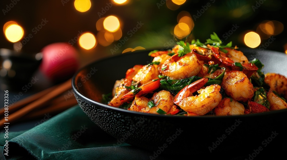 Delicious shrimp dish garnished with fresh herbs in decorative bowl. Delicious shrimp dish garnished with fresh herbs in decorative bowl.