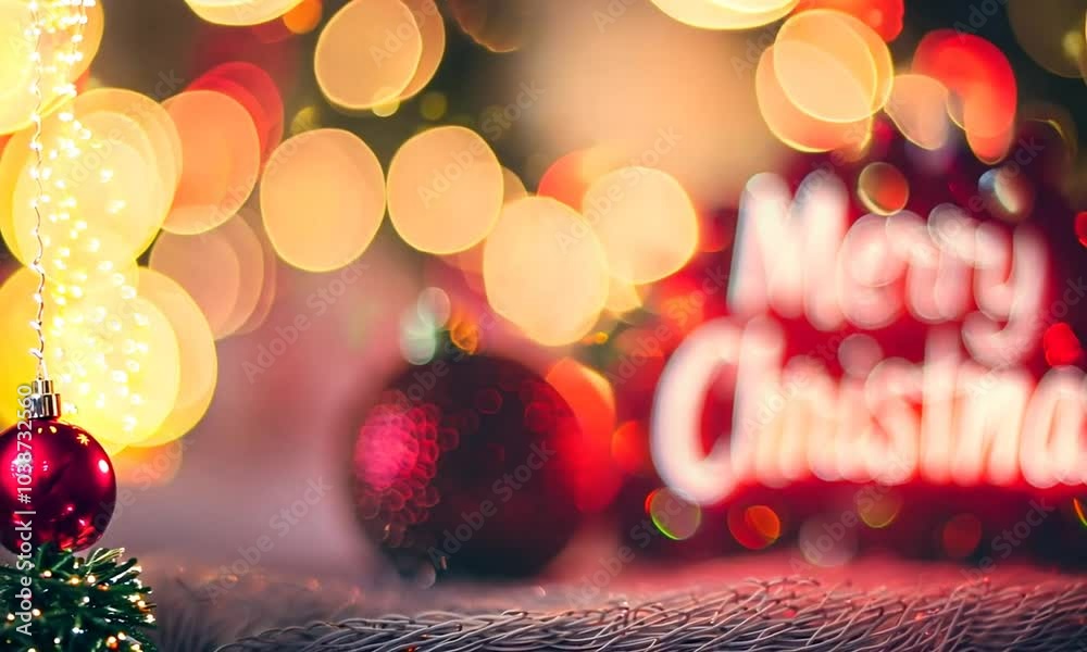 Merry Christmas is written on a red ornament. The ornament is surrounded by a red background and a white background