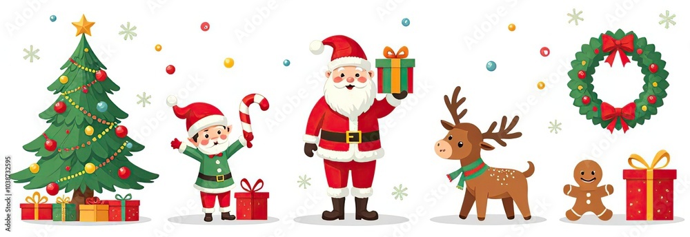 Xmas items set. Christmas tree, Santa with gifts, elves. Festive wreath, candy canes, gingerbreads. New year decorations. Winter holiday decor. Flat isolated vector illustration on white background Xmas items set. Christmas tree, Santa with gifts, elves. Festive wreath, candy canes, gingerbreads. New year decorations. Winter holiday decor. Flat isolated vector illustration on white background
