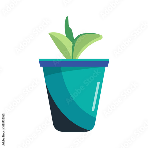 A small indoor plant is in a blue container. A small green sprout in a pot on a white background. Flat vector illustration.
