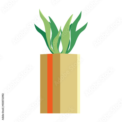 Indoor abstract plant with green leaves in a rectangular pot, highlighted on a white background. A homemade potted plant with a geometric pattern. Flat vector illustration..

