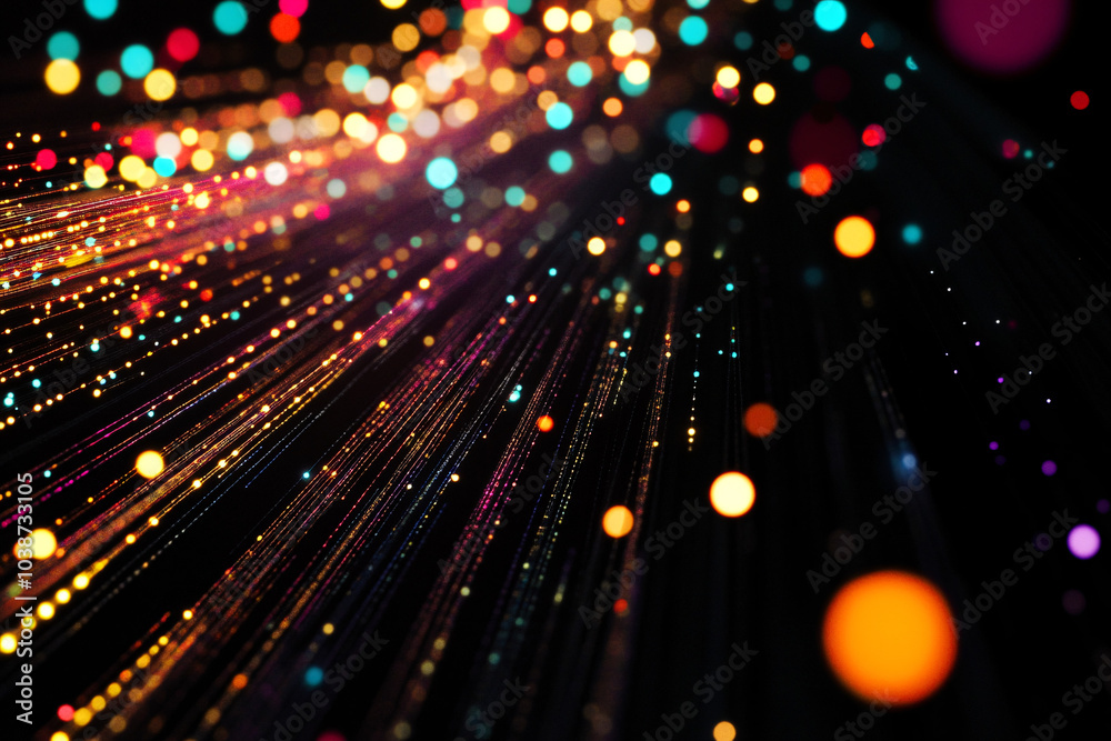 Fototapeta premium Colorful light particles in various sizes streaming diagonally on a dark background creating a dynamic bokeh effect 