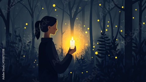 Person holding a candle amidst glowing fireflies in a dark forest setting.