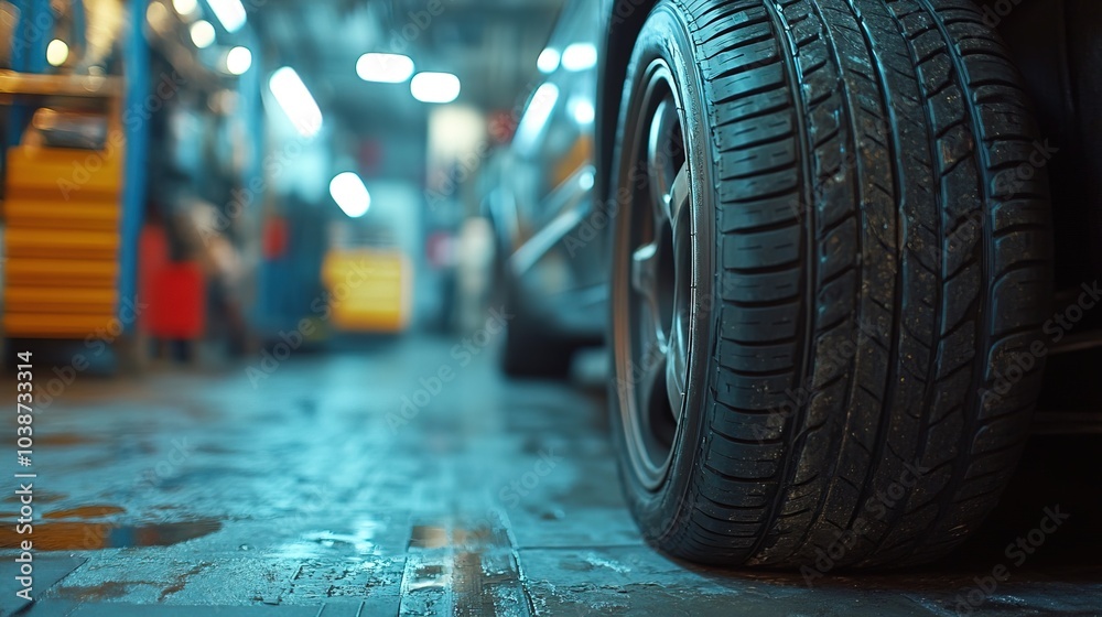 Fototapeta premium Car tires with a great profile in the car repair shop 