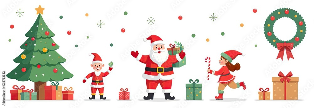 Xmas items set. Christmas tree, Santa with gifts, elves. Festive wreath, candy canes, gingerbreads. New year decorations. Winter holiday decor. Flat isolated vector illustration on white background Xmas items set. Christmas tree, Santa with gifts, elves. Festive wreath, candy canes, gingerbreads. New year decorations. Winter holiday decor. Flat isolated vector illustration on white background