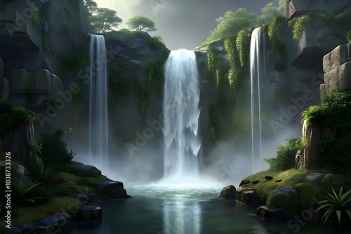 Enchanting Waterfalls Lush Greenery Serene Nature View Tranquil Landscape Scenic Beauty Majestic Escape