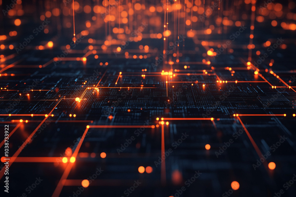 Grid of glowing orange lines on a dark surface resembling a digital circuit board with abstract perspective
Grid of glowing orange lines on a dark surface resembling a digital circuit board with abstract perspective