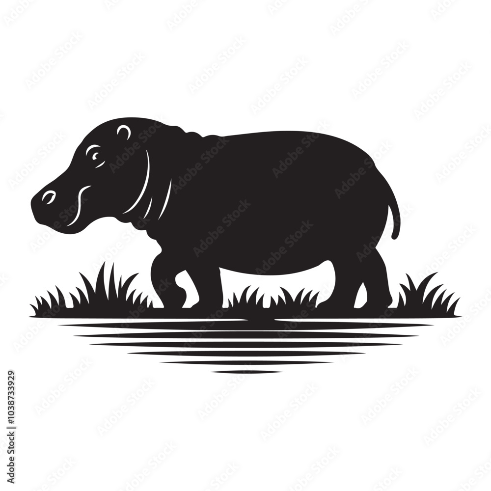 Obraz premium a black silhouette of a hippopotamus standing in water and grass