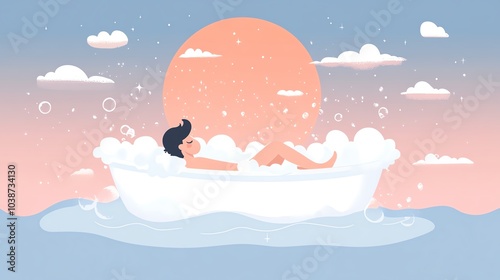 Person relaxing in a bubble bath under a pastel sunset with clouds. photo