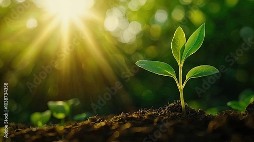 Small green plant sprouting from soil with sunlight shining.