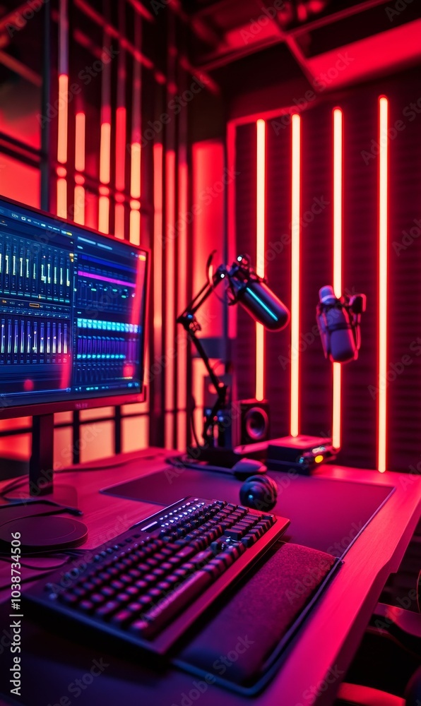 Fototapeta premium Red neon lit gaming desk with keyboard.