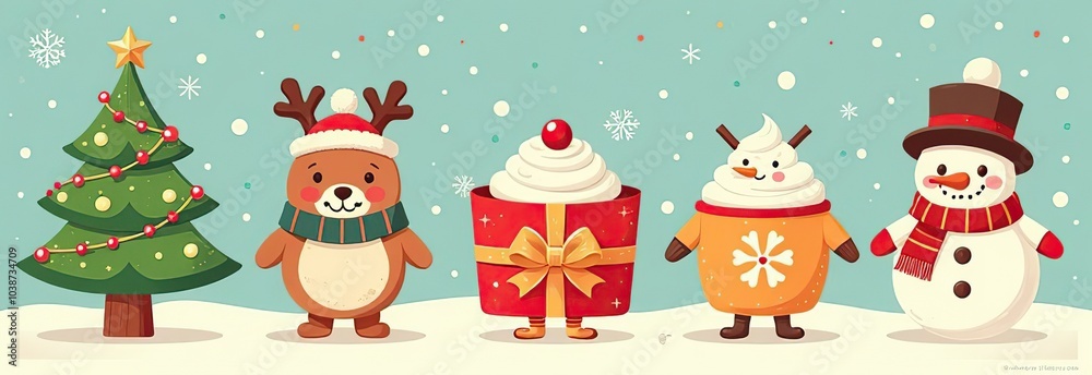 Xmas items set. Christmas tree, Santa with gifts, elves. Festive wreath, candy canes, gingerbreads. New year decorations. Winter holiday decor. Flat isolated vector illustration on white background Xmas items set. Christmas tree, Santa with gifts, elves. Festive wreath, candy canes, gingerbreads. New year decorations. Winter holiday decor. Flat isolated vector illustration on white background