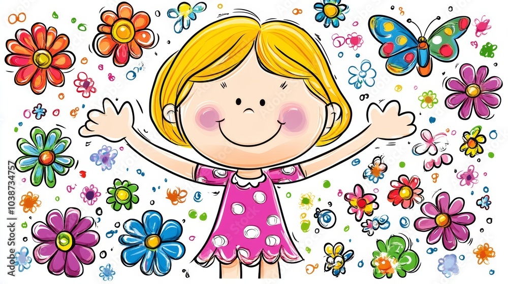 Happy Girl Surrounded by Colorful Flowers and Butterflies Happy Girl Surrounded by Colorful Flowers and Butterflies