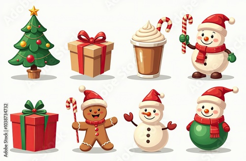 Xmas items set. Christmas tree, Santa with gifts, elves. Festive wreath, candy canes, gingerbreads. New year decorations. Winter holiday decor. Flat isolated vector illustration on white background 