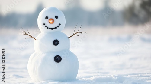 Classic snowman with coal buttons and a carrot nose, standing in a snowy field photo