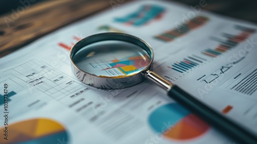 Wallpaper Mural Printed business documents with colorful charts and graphs being analyzed through a magnifying glass Torontodigital.ca