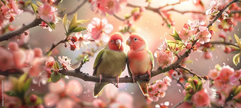 Valentine's Day Lovebirds on Heart-Shaped Branch with Blooming Pink Flowers for Spring Card Design Valentine's Day Lovebirds on Heart-Shaped Branch with Blooming Pink Flowers for Spring Card Design