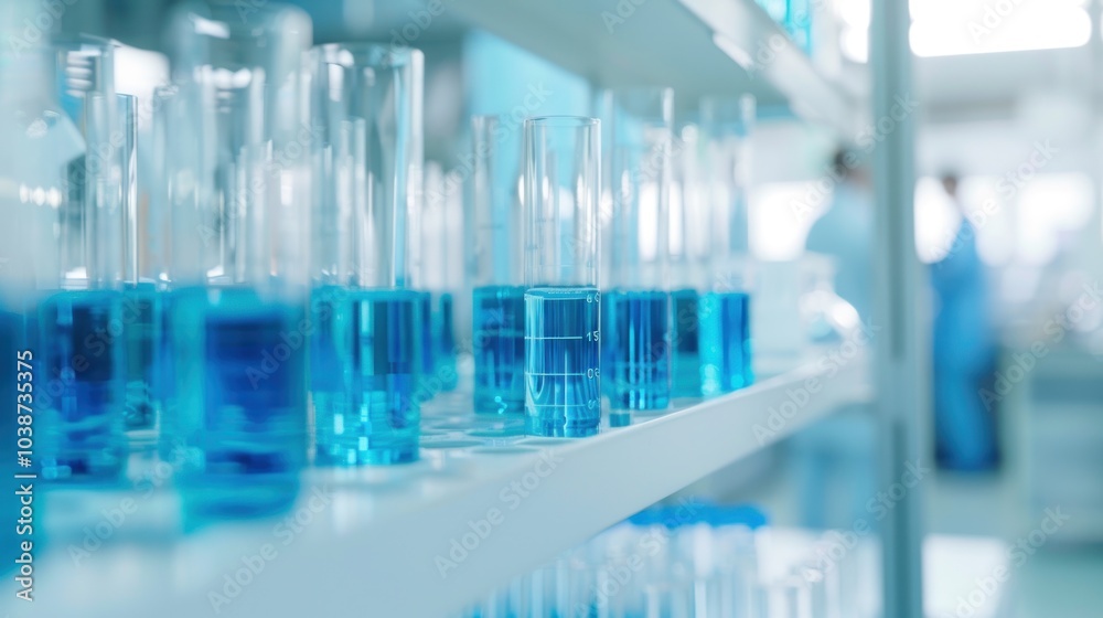 Blue Liquid in Glass Tubes on Shelf in Laboratory Blue Liquid in Glass Tubes on Shelf in Laboratory