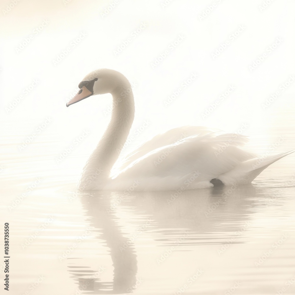 A serene swan gliding gracefully on a misty water surface. A serene swan gliding gracefully on a misty water surface.