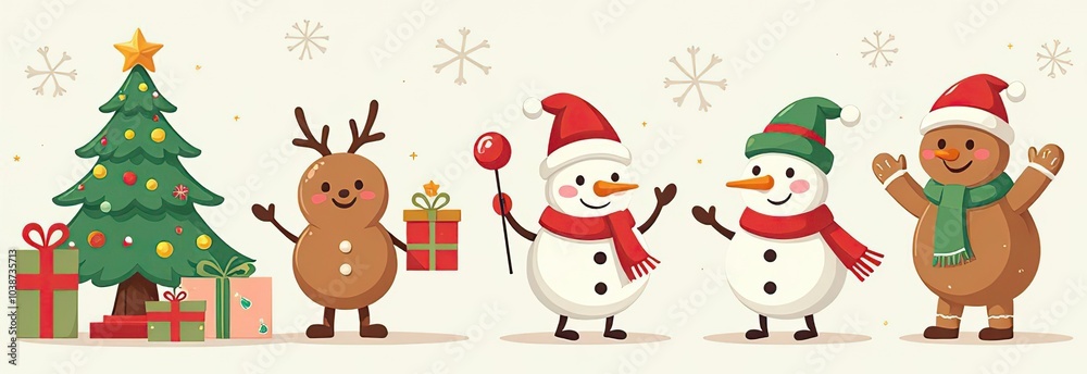 Xmas items set. Christmas tree, Santa with gifts, elves. Festive wreath, candy canes, gingerbreads. New year decorations. Winter holiday decor. Flat isolated vector illustration on white background Xmas items set. Christmas tree, Santa with gifts, elves. Festive wreath, candy canes, gingerbreads. New year decorations. Winter holiday decor. Flat isolated vector illustration on white background