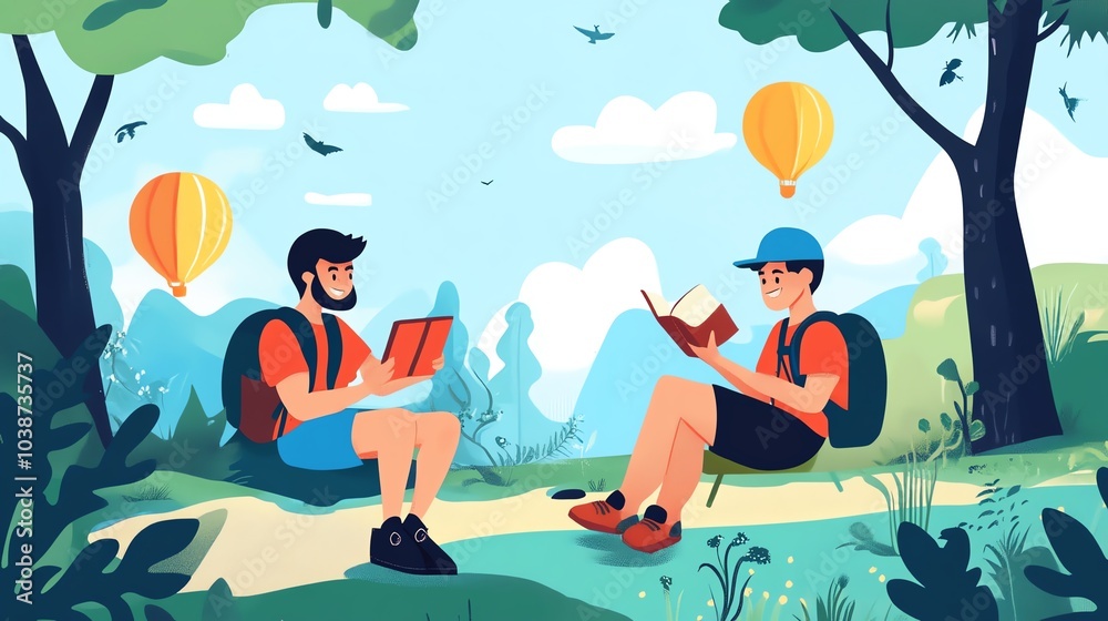 Two hikers reading books in a vibrant nature setting with hot air balloons. Two hikers reading books in a vibrant nature setting with hot air balloons.