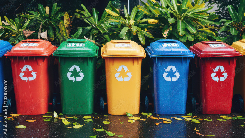 Vibrant recycling bins a colorful display promoting eco-friendly waste management in urban environments Vibrant recycling bins a colorful display promoting eco-friendly waste management in urban environments