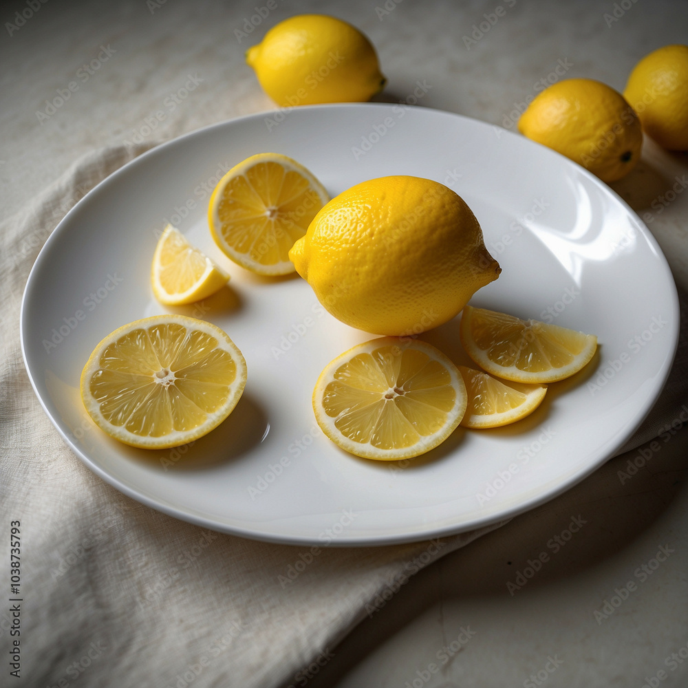 Bright Yellow Lemon on White Plate Bright Yellow Lemon on White Plate