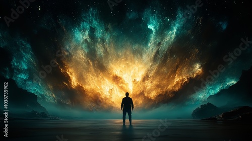 Man Silhouetted Against Dramatic Cosmic Sky with Stars and Nebulae