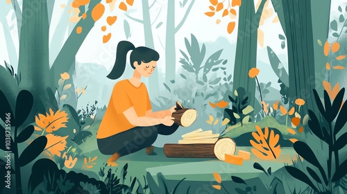 Woman crafting in a vibrant forest filled with colorful foliage.