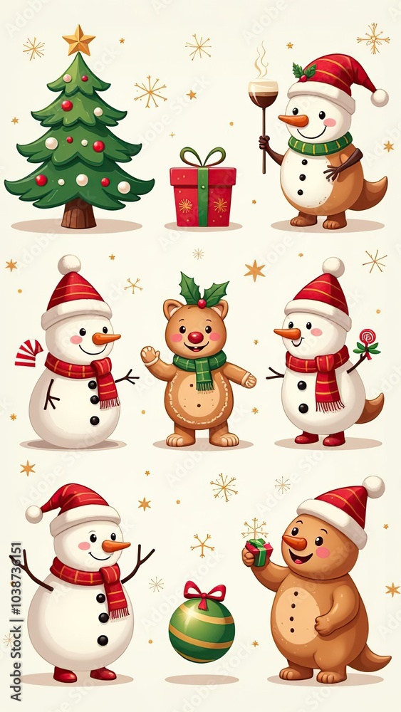 Xmas items set. Christmas tree, Santa with gifts, elves. Festive wreath, candy canes, gingerbreads. New year decorations. Winter holiday decor. Flat isolated vector illustration on white background Xmas items set. Christmas tree, Santa with gifts, elves. Festive wreath, candy canes, gingerbreads. New year decorations. Winter holiday decor. Flat isolated vector illustration on white background