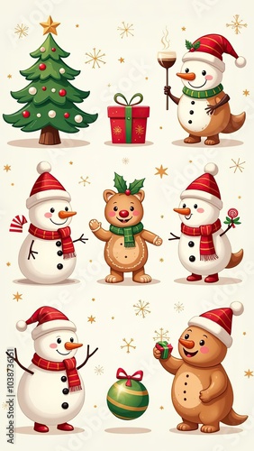 Xmas items set. Christmas tree, Santa with gifts, elves. Festive wreath, candy canes, gingerbreads. New year decorations. Winter holiday decor. Flat isolated vector illustration on white background 