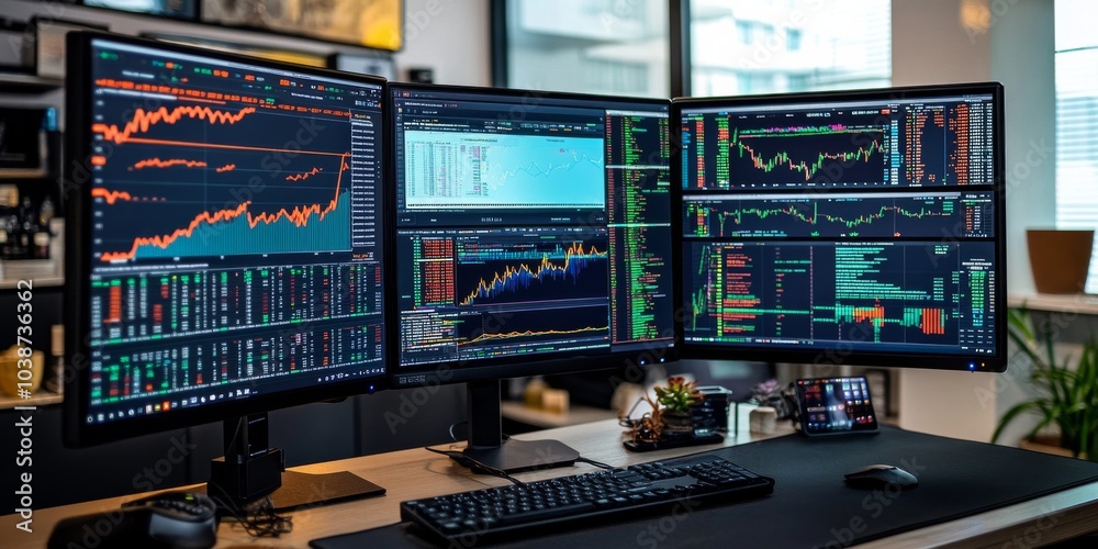 A computer screen shows financial information. It includes charts, graphs about how stocks are doing, and messages.