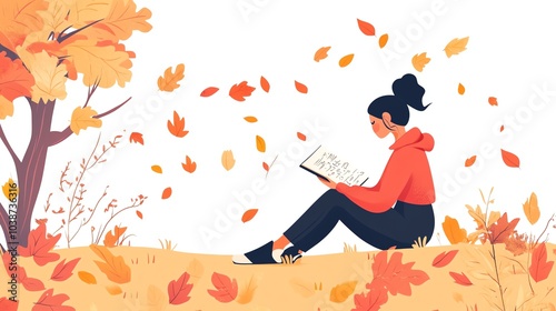 Woman reading a book surrounded by autumn leaves, white isolated background.