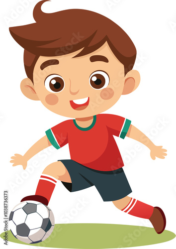 Happy Little Soccer Player:  A cute cartoon boy in a red soccer jersey dribbles the ball with a joyful smile, showcasing the love for the game and the spirit of youth.  